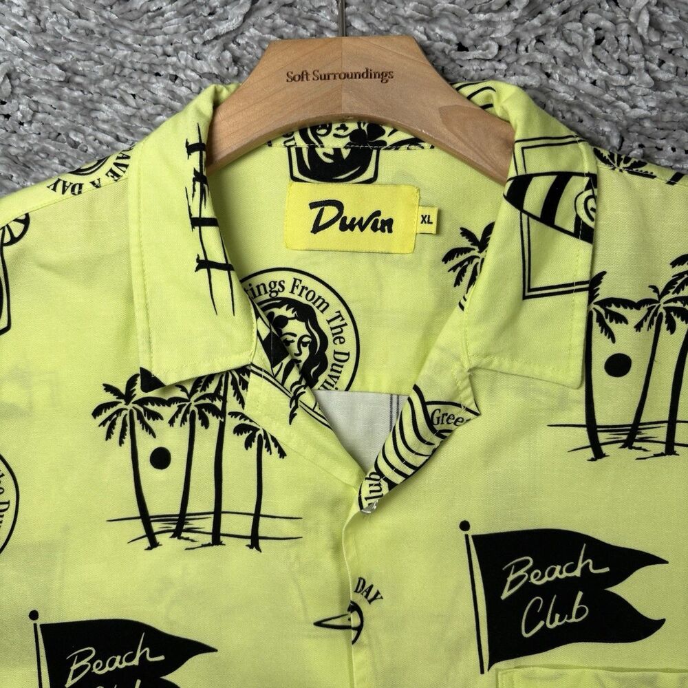 Duvin Design Hawaiian Shirt Mens XL Short Sleeve Lime Floral Beach Club Linen